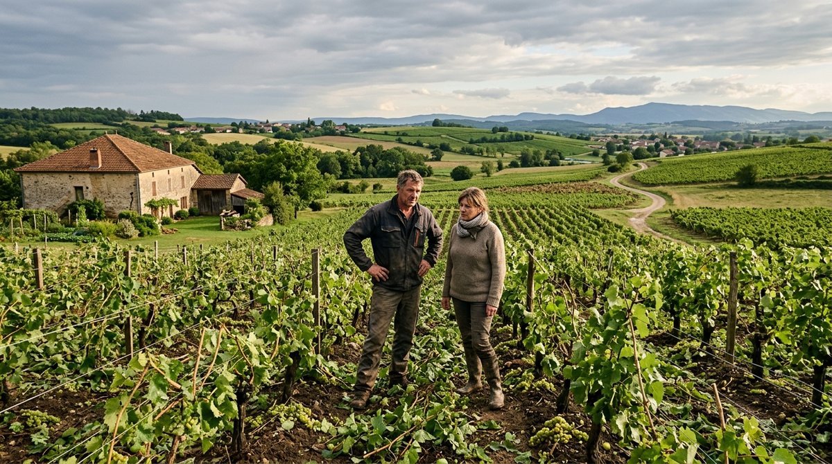 European farming couple surveying hail damage in their vineyard, representing small business climate risk and the need for fi