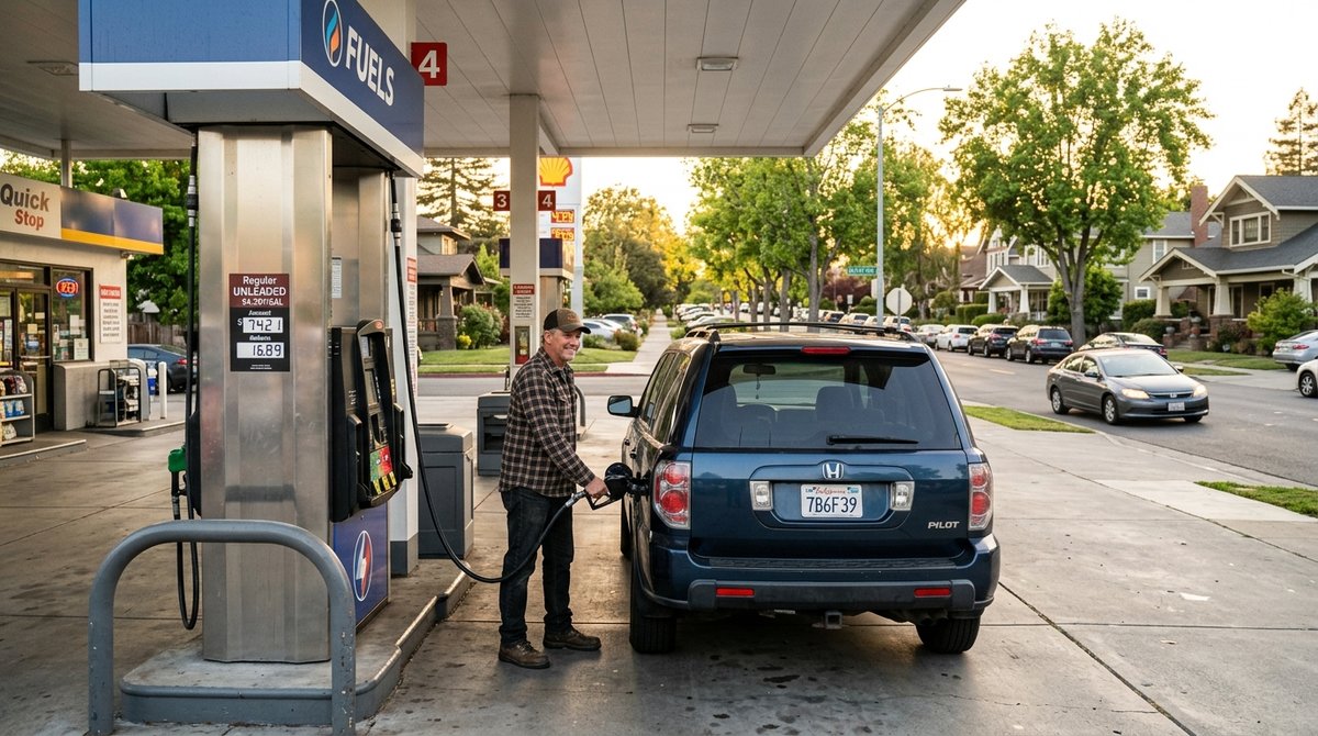 Man pumping gas into an SUV at a suburban gas station, representing the everyday driver cost impact of weaker fuel economy ru
