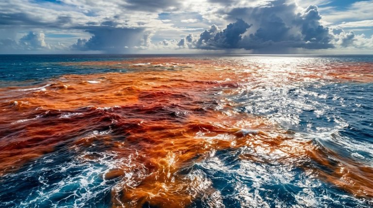 Tropical Pacific Ocean with intense warm water surface temperatures and building storm clouds during a Super El Niño event