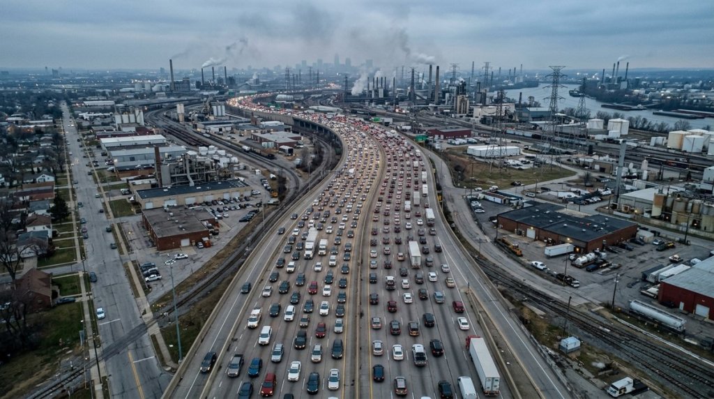 Dense highway traffic with visible exhaust haze under a grey sky, symbolizing vehicle emissions policy rollback.