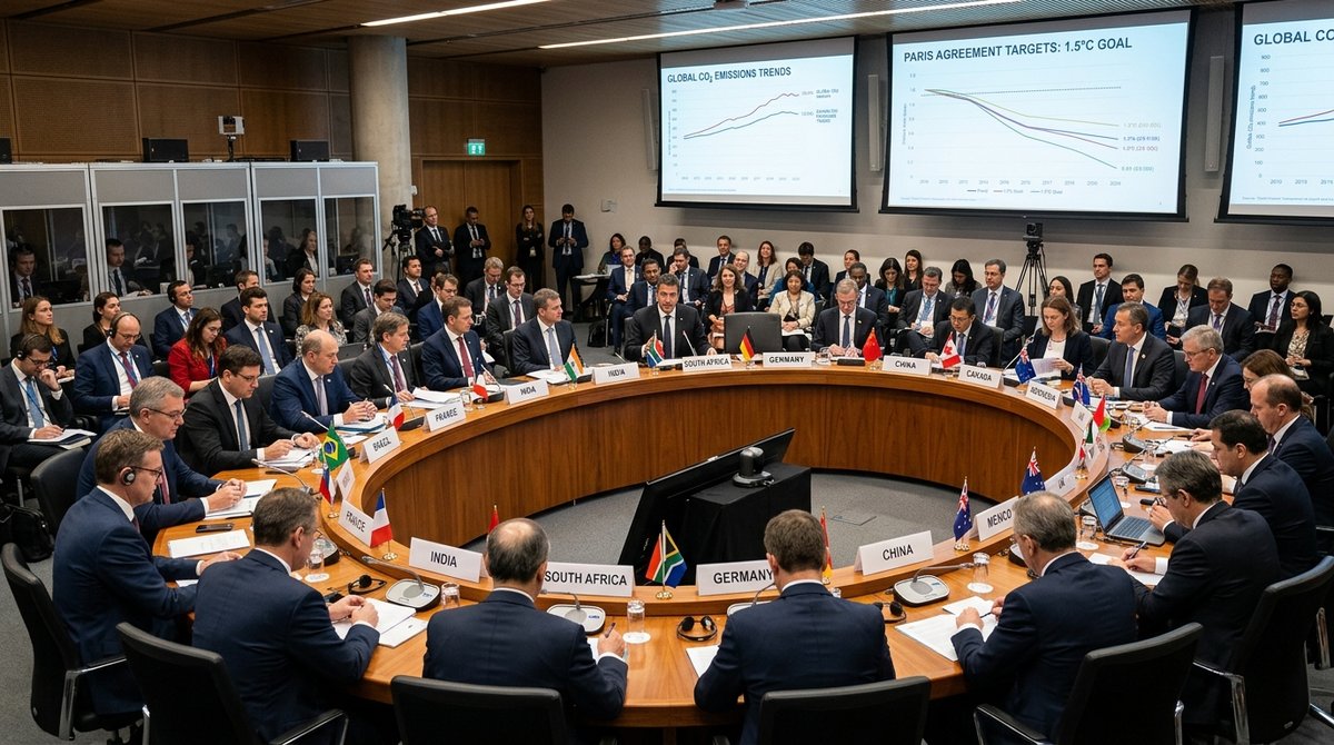 International diplomats and ministers negotiating climate pledges and emissions targets at a formal UN conference table