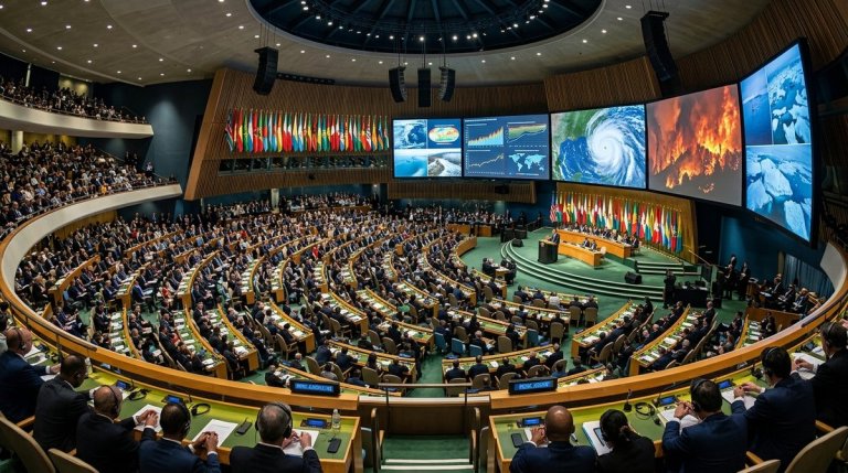 World leaders gathered at UN General Assembly hall addressing the global climate crisis amid record El Niño impacts