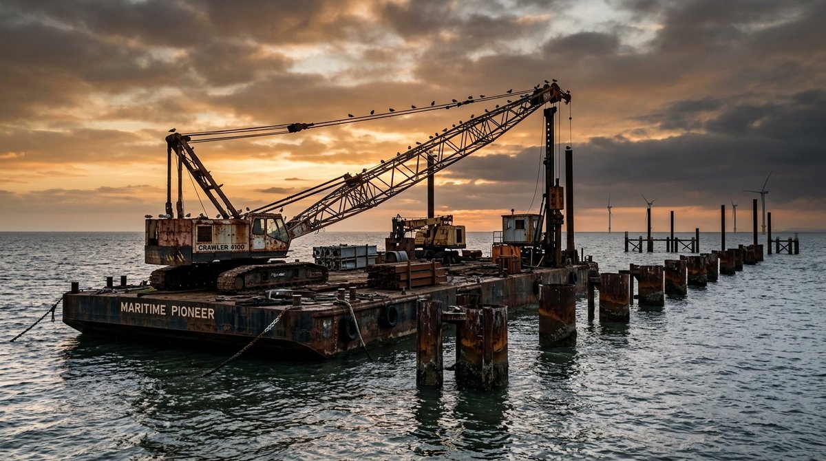 Abandoned offshore wind construction equipment and unfinished foundations at sunset