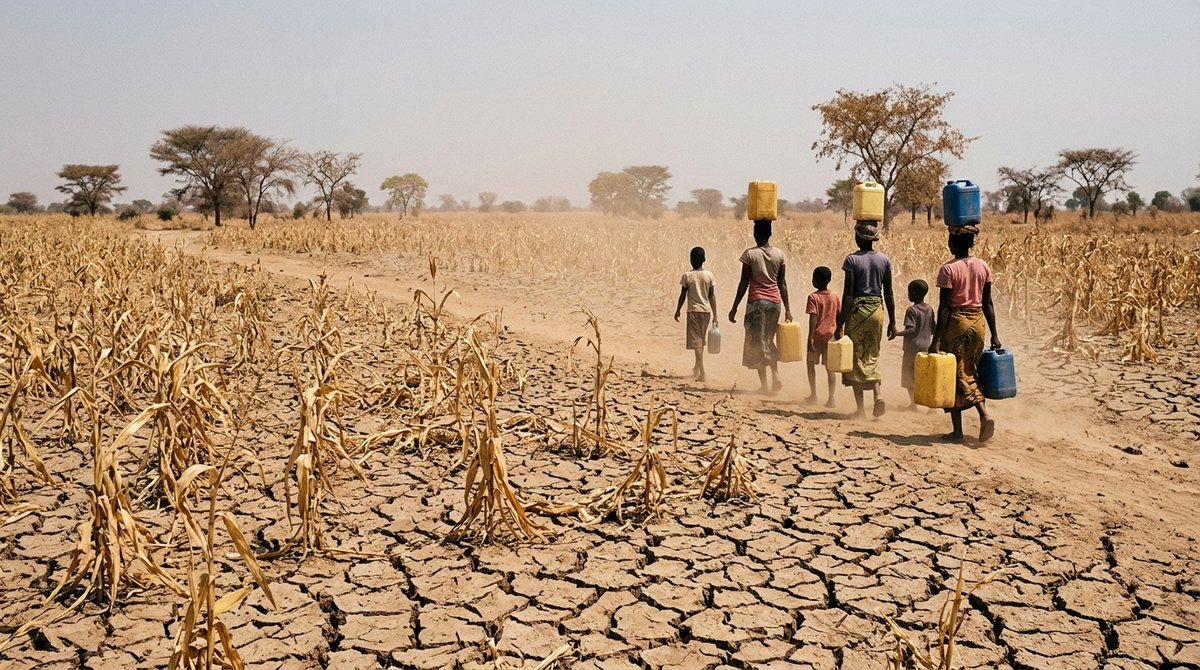 Drought-stricken farmland in Southern Africa with failed crops during El Niño-induced famine conditions.