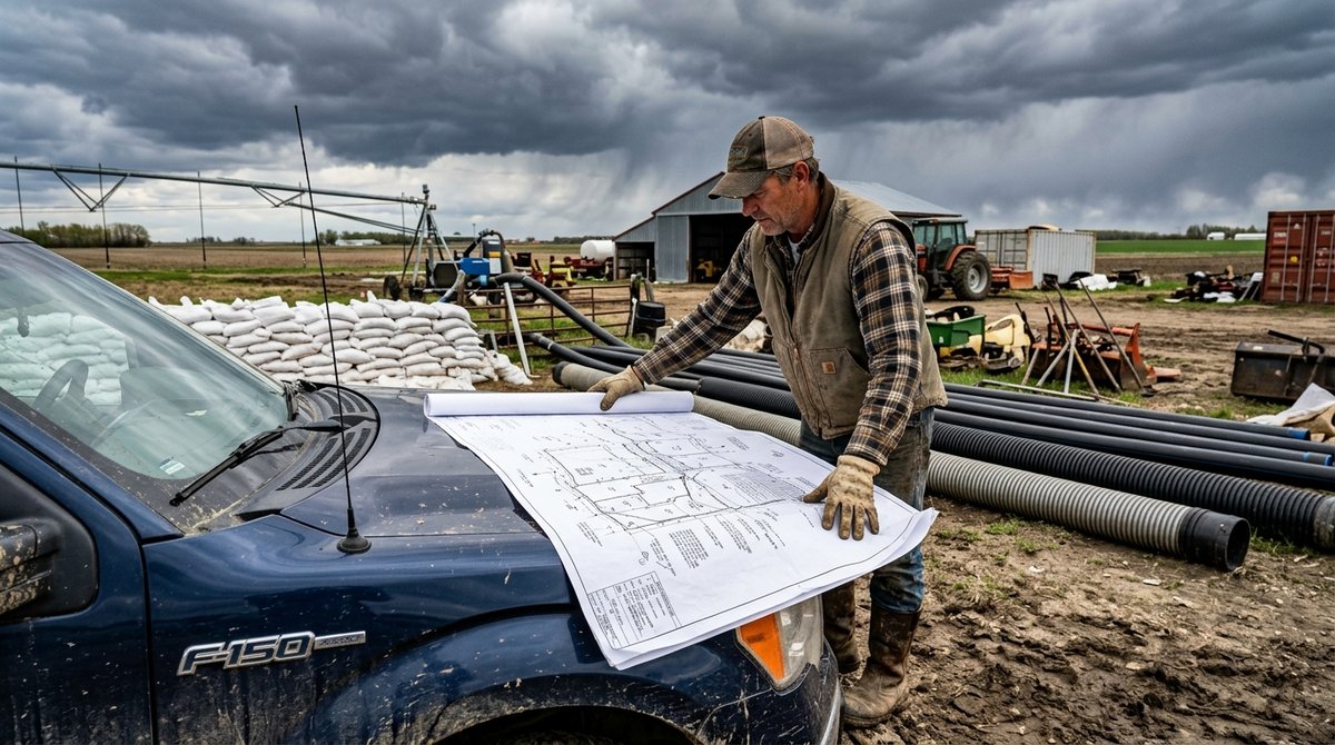 Farm manager reviewing disaster preparedness plans with equipment and storm clouds