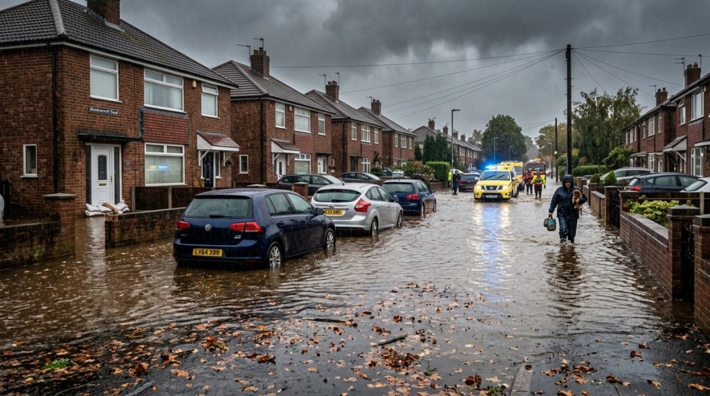 Submerged British residential street during autumn flooding with murky water and heavy rainfall