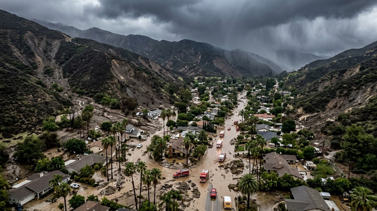 Aerial view of Southern California neighborhood flooded by El Niño-induced mudslides and heavy rainfall.