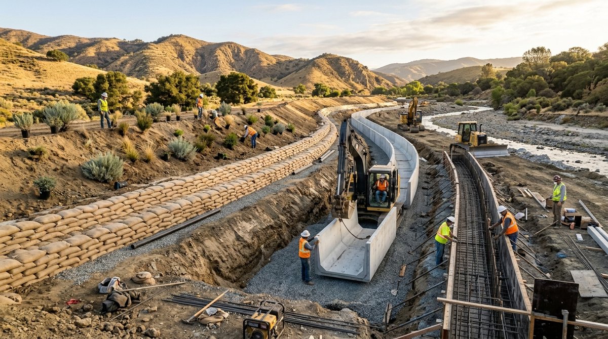 California infrastructure workers building flood control channels and levees for El Niño preparedness.