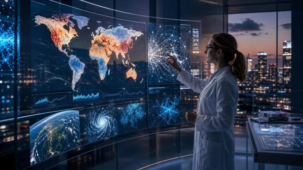 Climate scientist analyzing AI-powered global temperature projections in a modern research laboratory