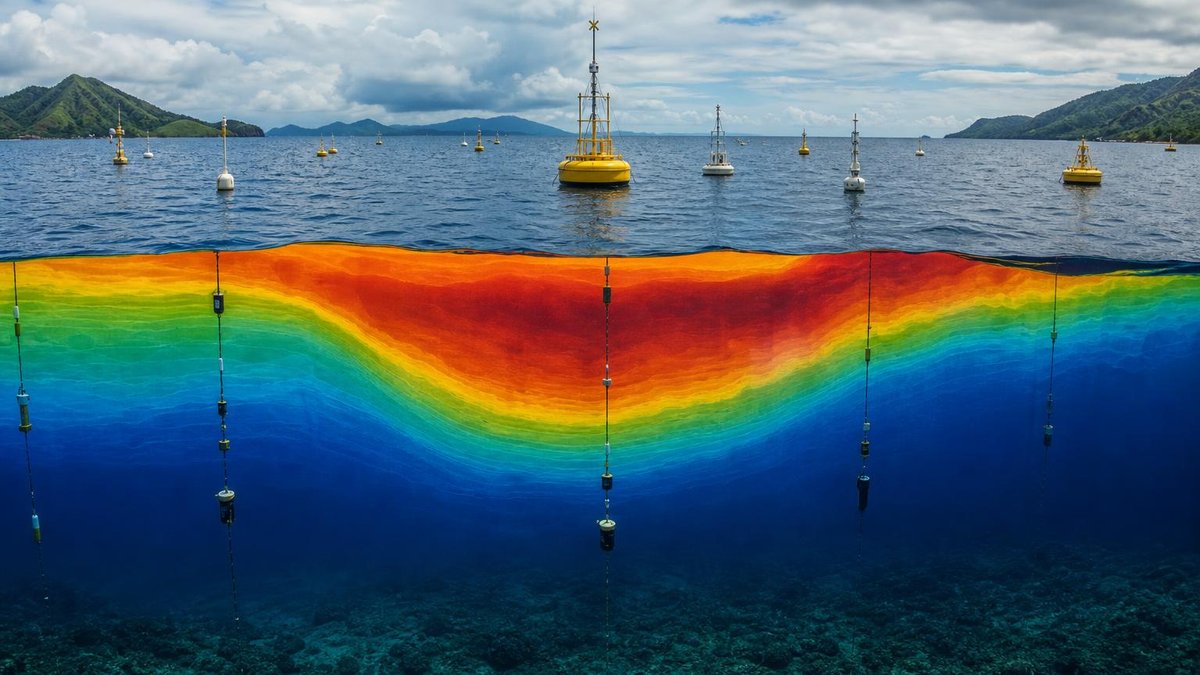 Ocean depth cross-section showing El Niño warm water pool spreading eastward beneath Pacific surface