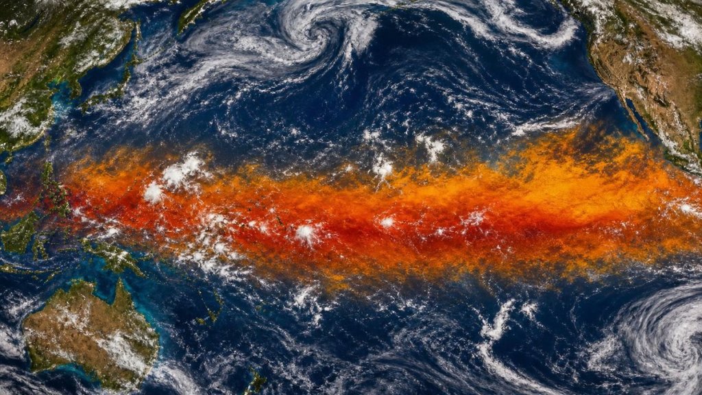 Satellite view of Earth showing El Niño warm water band across the Pacific Ocean with atmospheric circulation patterns