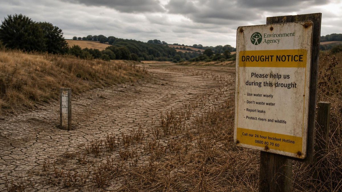 Drought warning signs along cracked dry riverbed in rural England during severe drought