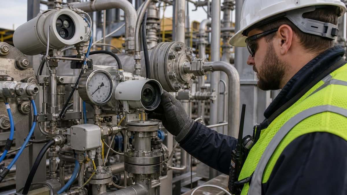 Technician inspecting methane leak detection equipment at oil well compressor station