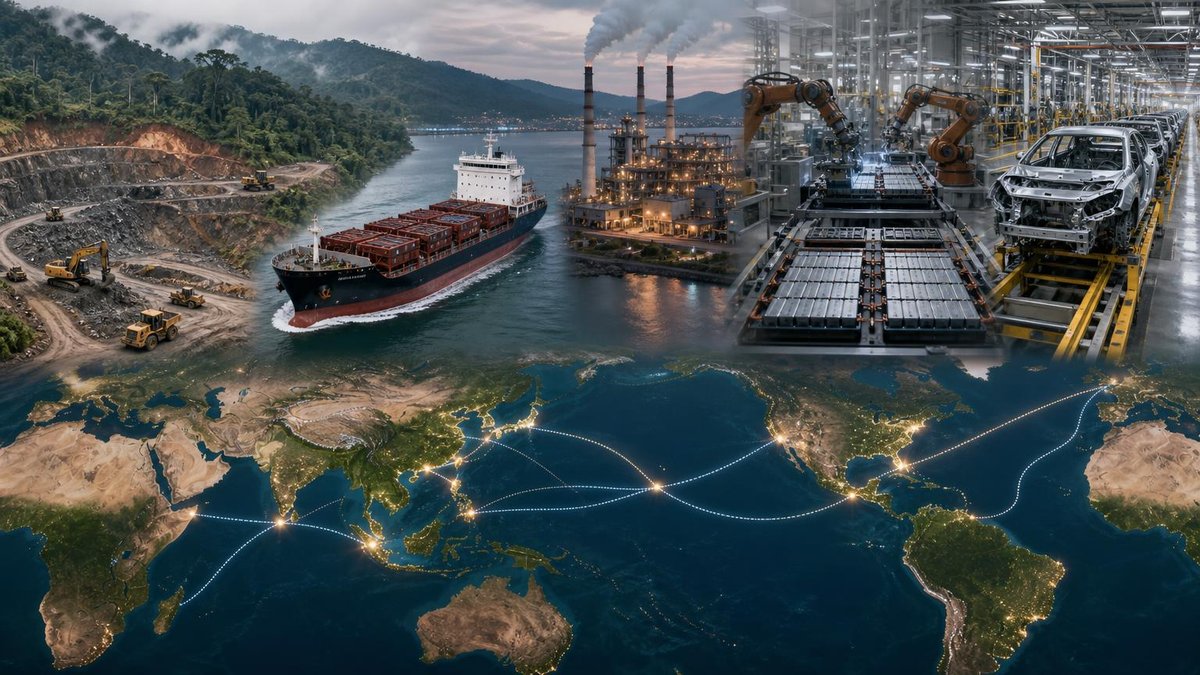 Global EV battery supply chain from Indonesian mine through shipping to factory and vehicle assembly