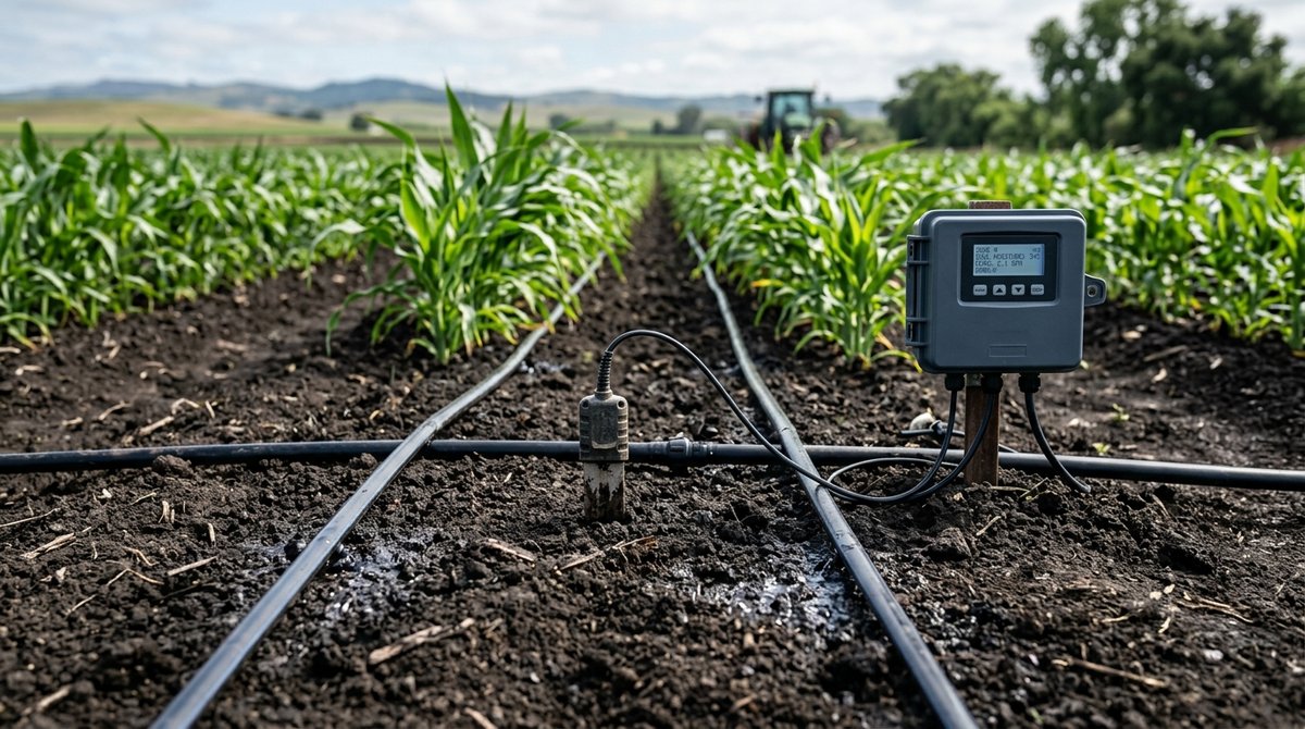 Subsurface drip irrigation system with moisture sensors in drought-resistant crop field