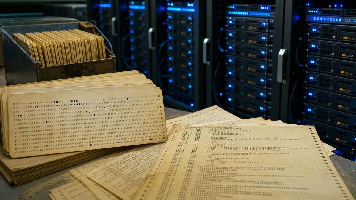 Vintage Fortran code printouts alongside modern GPU servers showing evolution of climate modeling