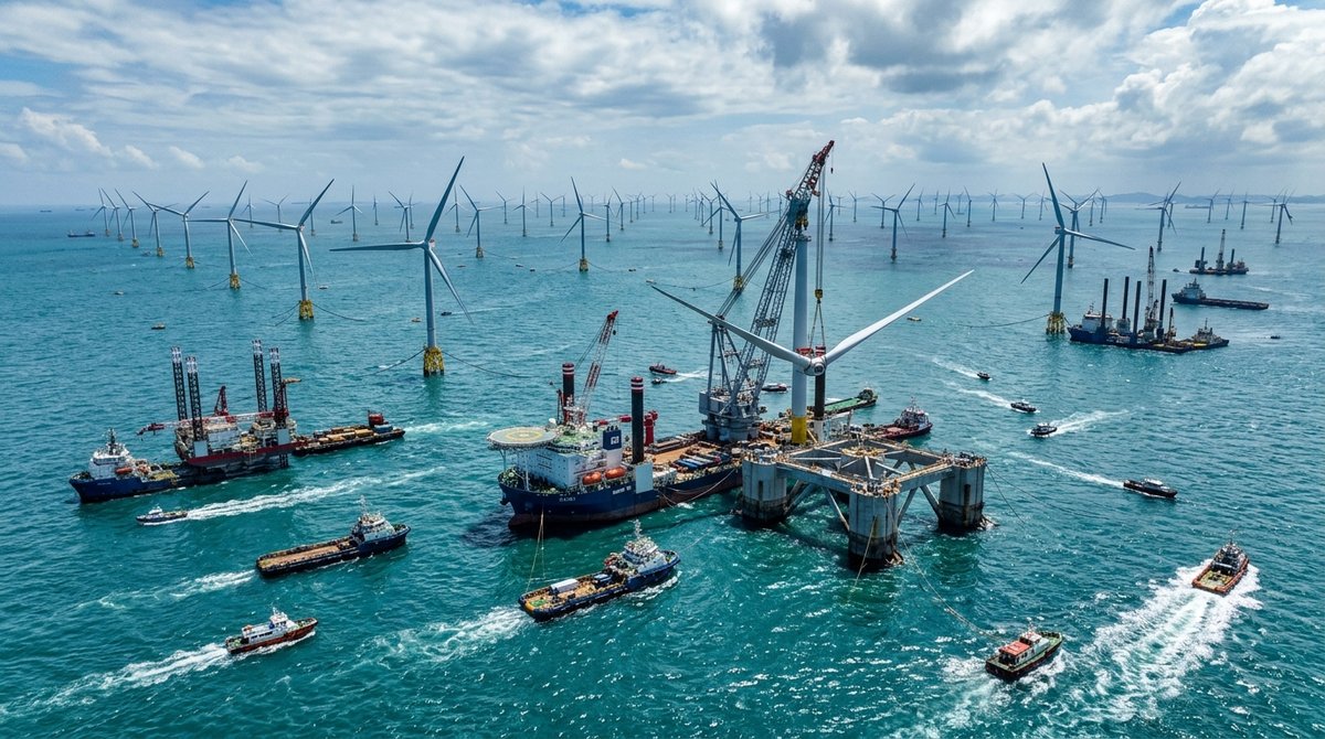 Large-scale offshore wind farm construction with floating turbines in Asian waters
