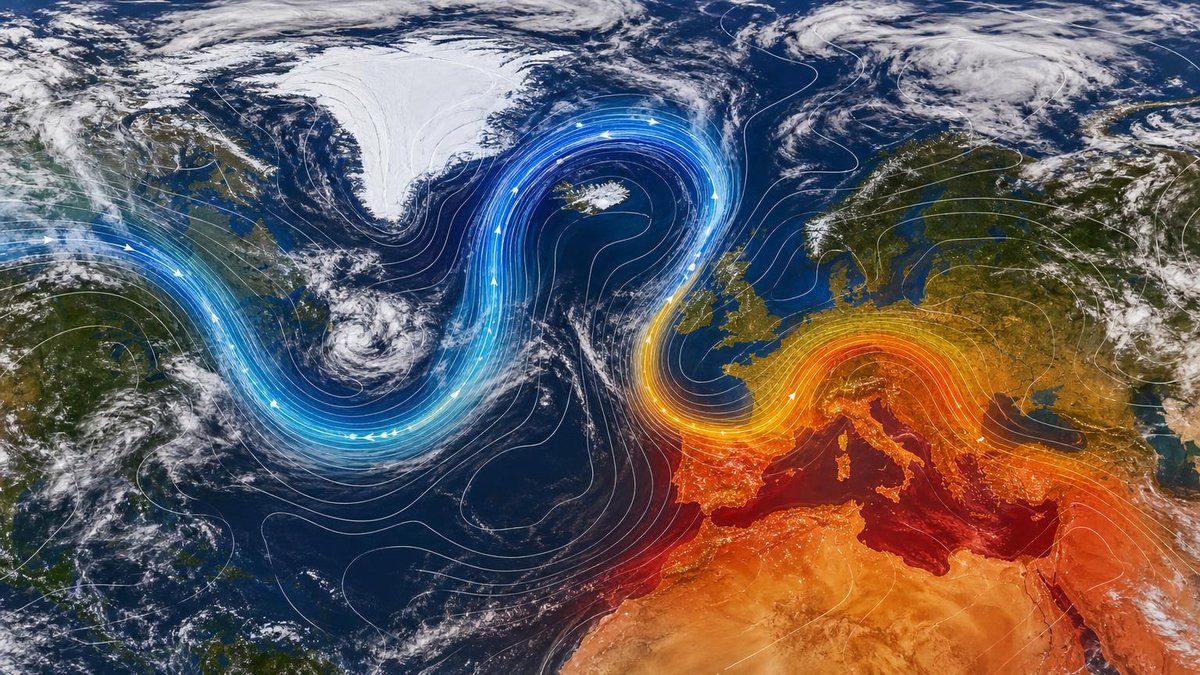 Omega jet stream pattern showing heatwave over Europe and cooler air diverted to Greenland