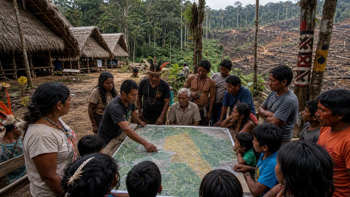 Indigenous community reviewing maps showing mining concessions on ancestral lands