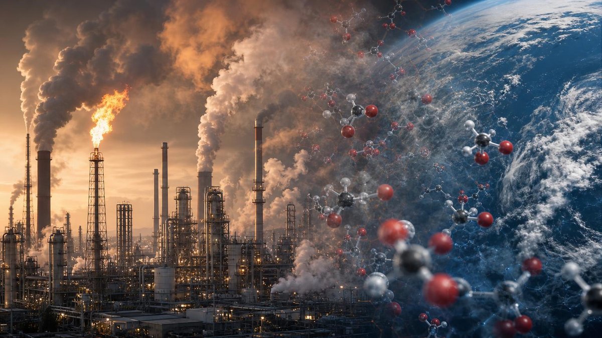 Oil refinery emissions with atmospheric visualization showing methane warming impact