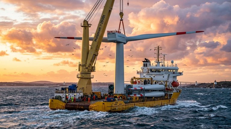 Offshore wind turbine installation vessel working in Atlantic waters near Rhode Island coast