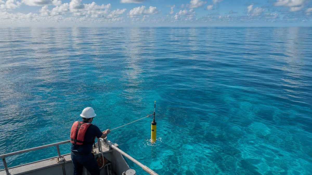 Calm tropical Pacific waters with research vessel studying weakened trade winds during El Niño development