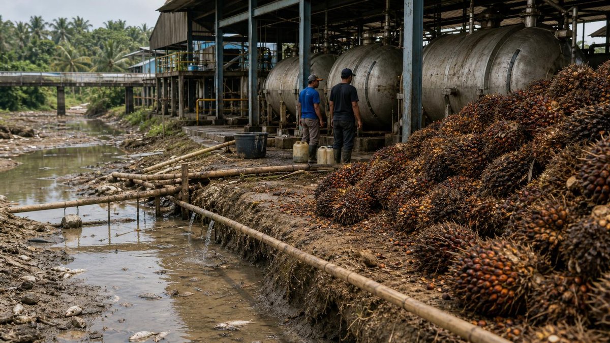 Idle palm oil mill beside drying river with spoiling fruit bunches
