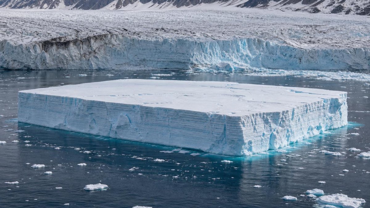 Massive tabular iceberg calved from Petermann glacier floating in dark Arctic water