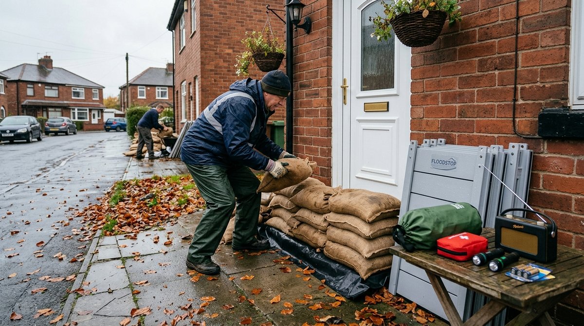 Person stacking sandbags at home doorway for flood protection