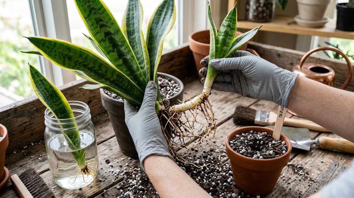 Hands dividing snake plant pup with rhizome for propagation in soil or water