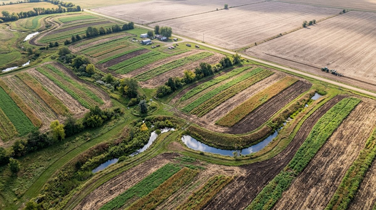 Aerial view of no-till regenerative farm with water-holding contour swales and cover crops
