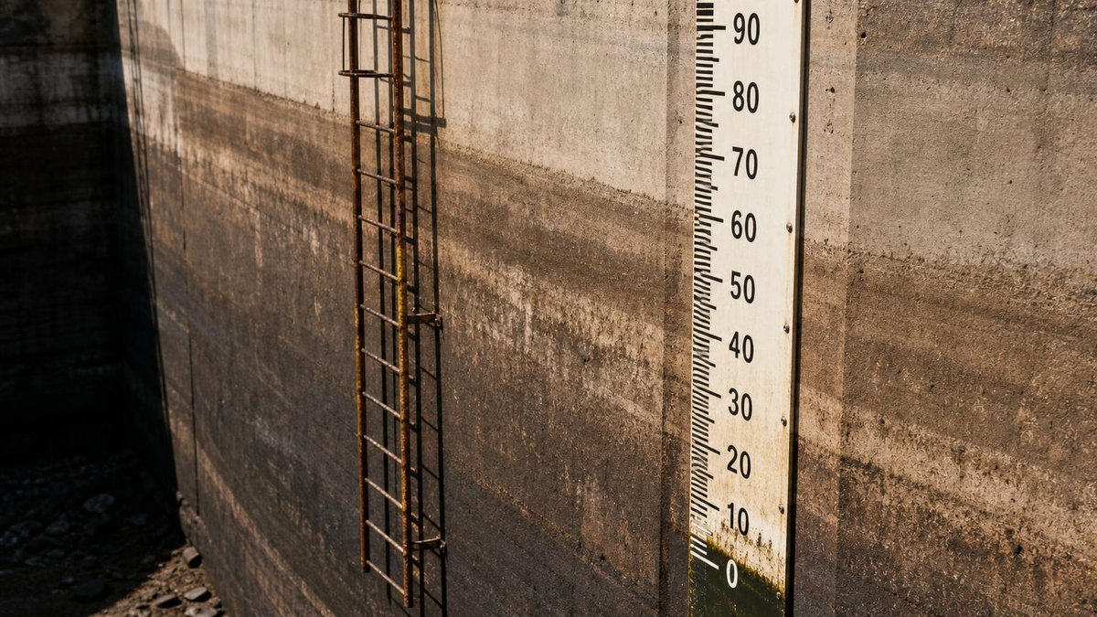 Water level gauge on reservoir wall showing critically low water levels