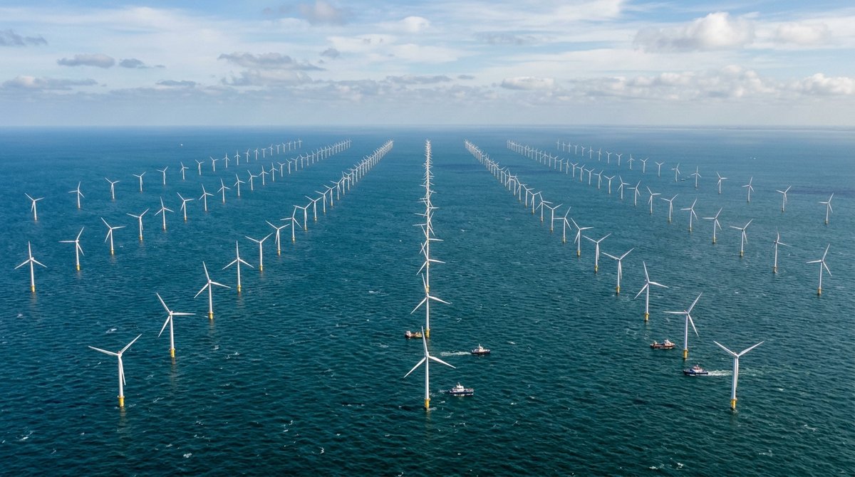 Aerial view of offshore wind turbine array in federal waters off Rhode Island and Connecticut
