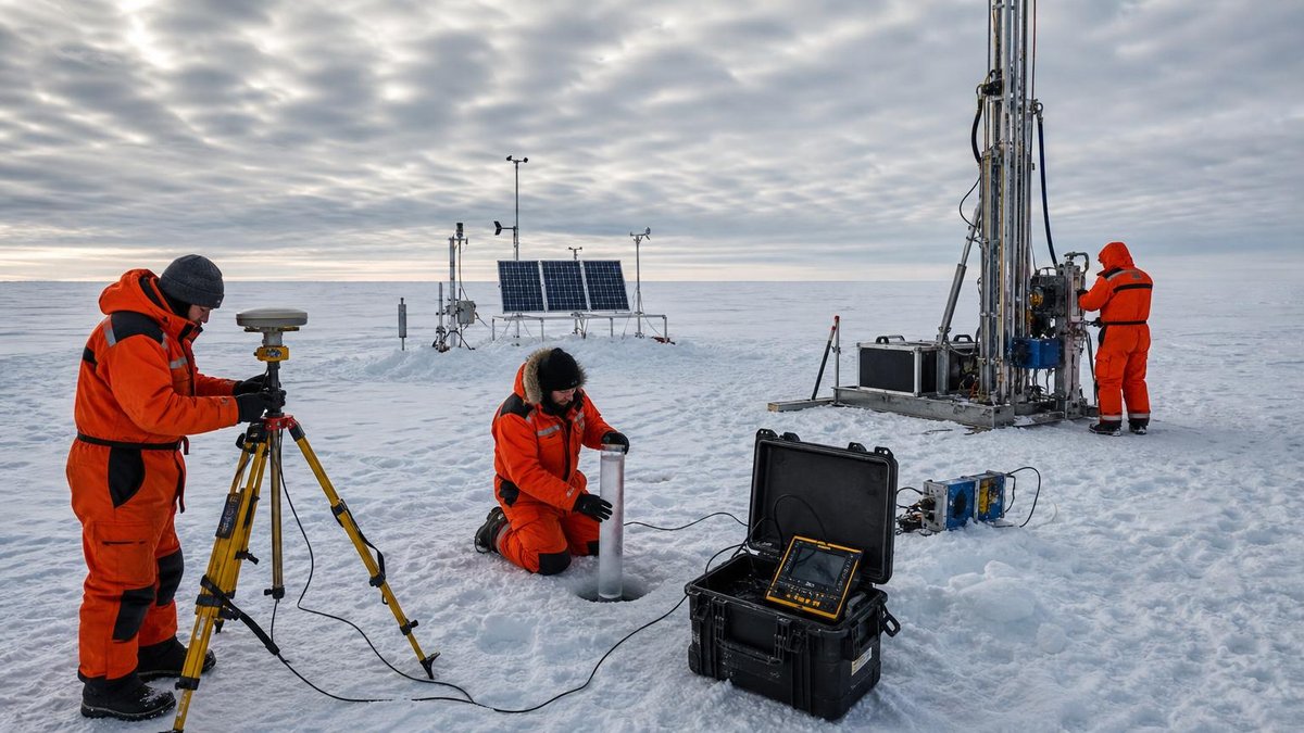 Scientists monitoring Greenland ice sheet with GPS and radar equipment at research station