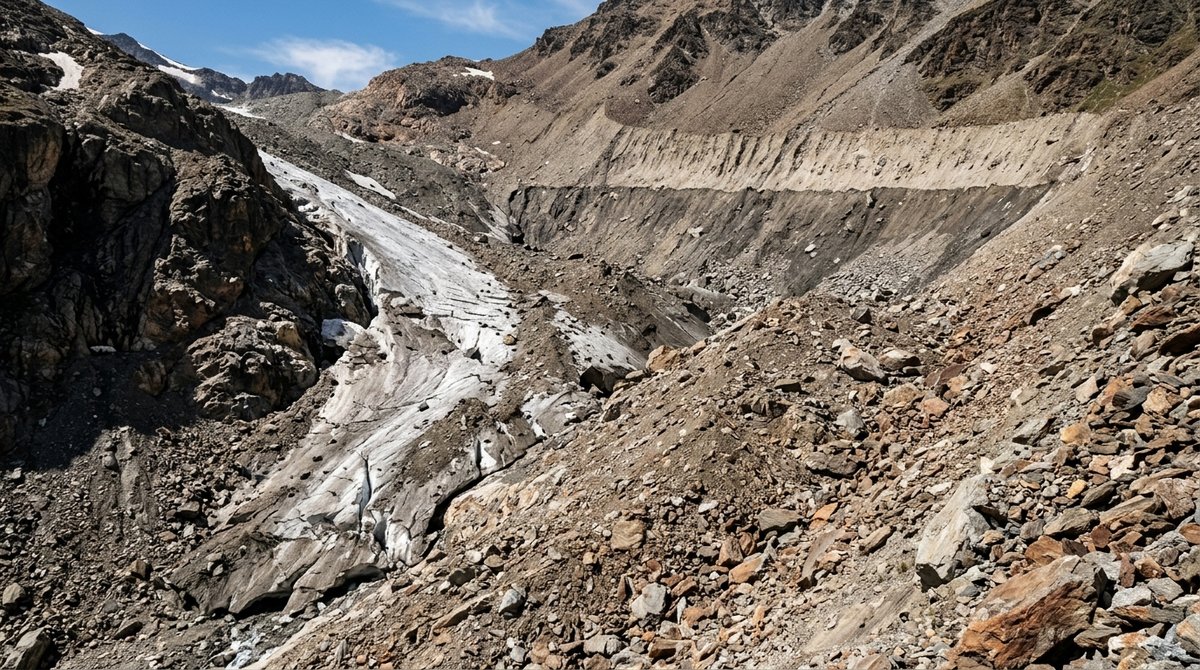Tiny remnant of a low-elevation Swiss glacier surrounded by bare rocky moraine, trim line showing past ice extent on valley w