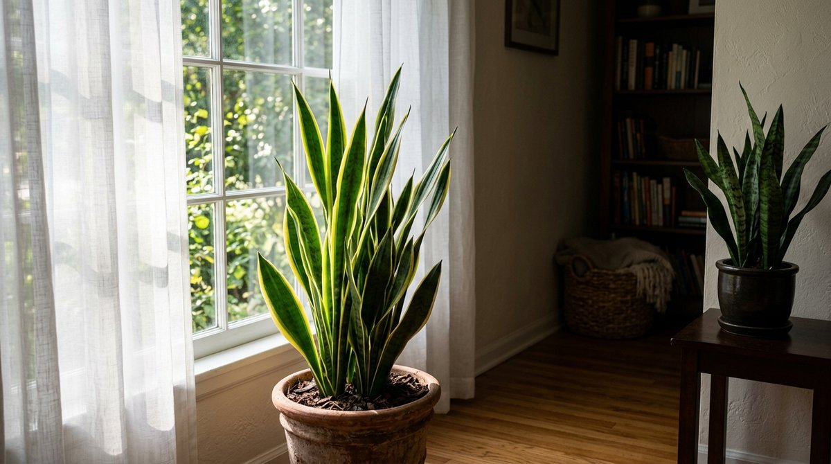 Snake plants thriving in bright filtered light near window with sheer curtains