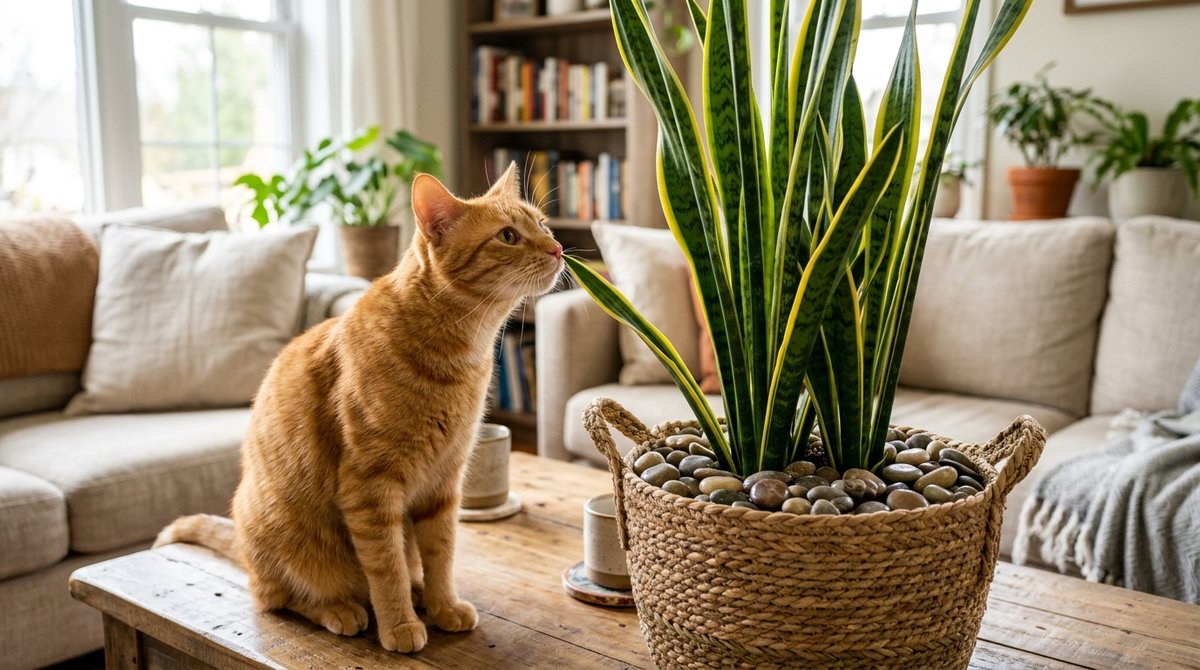 Cat near snake plant illustrating pet safety and strategic plant placement