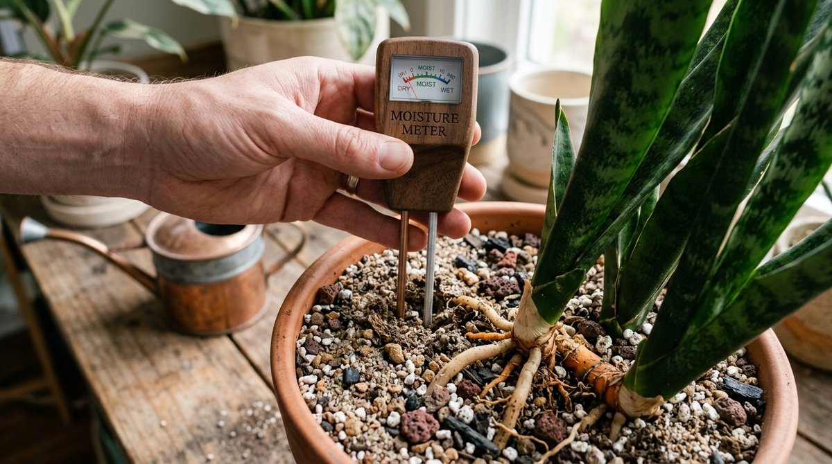 Moisture meter testing dry well-draining snake plant soil before watering