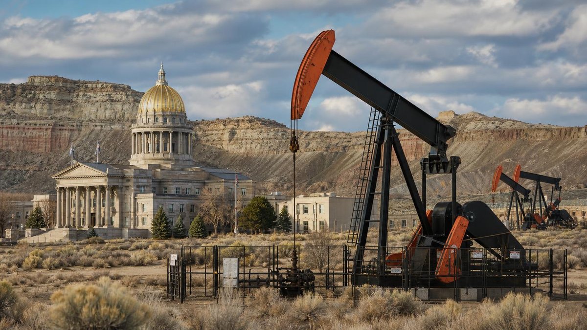 Western oil pumpjacks with state capitol building representing dual regulation