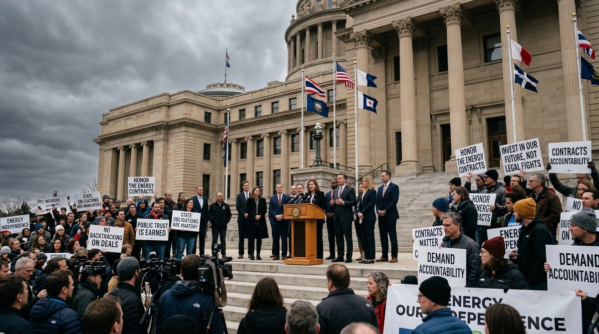 State capitol press conference with officials defending offshore wind contracts