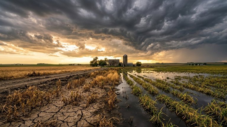 Split agricultural landscape showing drought-cracked earth and flooded fields under stormy skies