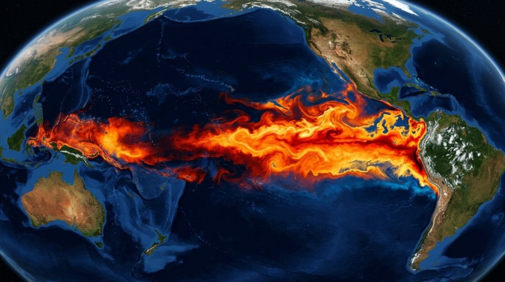 Satellite view of Pacific Ocean showing extreme El Niño heat patterns with red thermal bands along the equator.