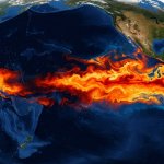 Satellite view of Pacific Ocean showing extreme El Niño heat patterns with red thermal bands along the equator.