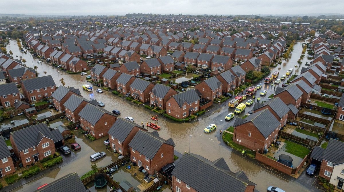 Aerial view of surface water flooding in ordinary UK residential neighborhood