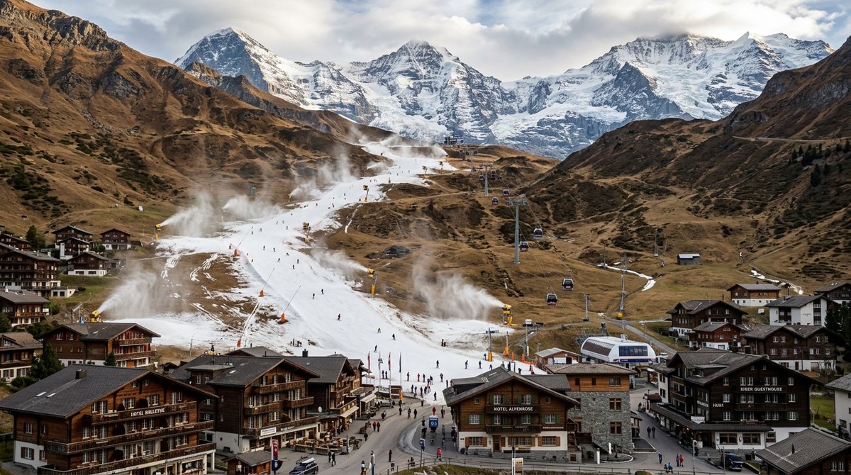Swiss Alps ski resort with patchy snow cover, snowmaking cannons and gondolas operating amid brown slopes and alpine chalets