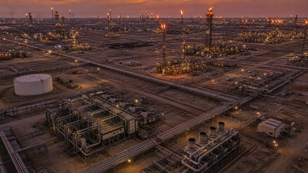 Aerial view of oil and gas production field with drilling rigs and flaring at dusk
