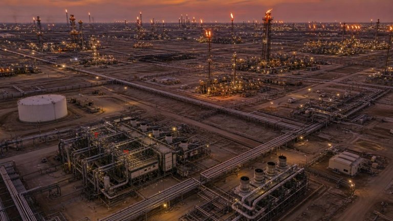 Aerial view of oil and gas production field with drilling rigs and flaring at dusk