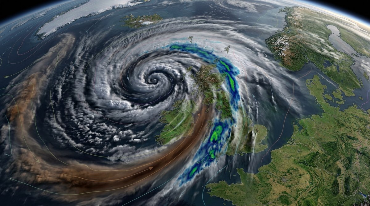 Storm system over UK showing intense rainfall from saturated autumn atmosphere